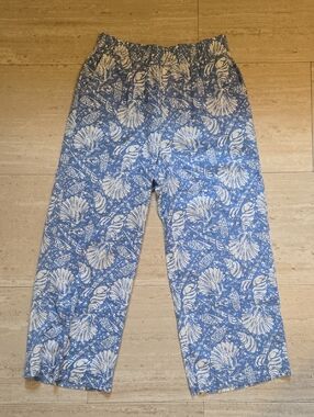 Panama Jack Blue/White Shell Print Linen Blend Resort Cropped Pants